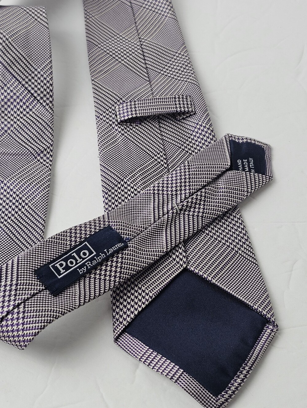 Polo Ralph Lauren Glen Check Plaid Purple White 100% Silk Handmade Italy Luxury